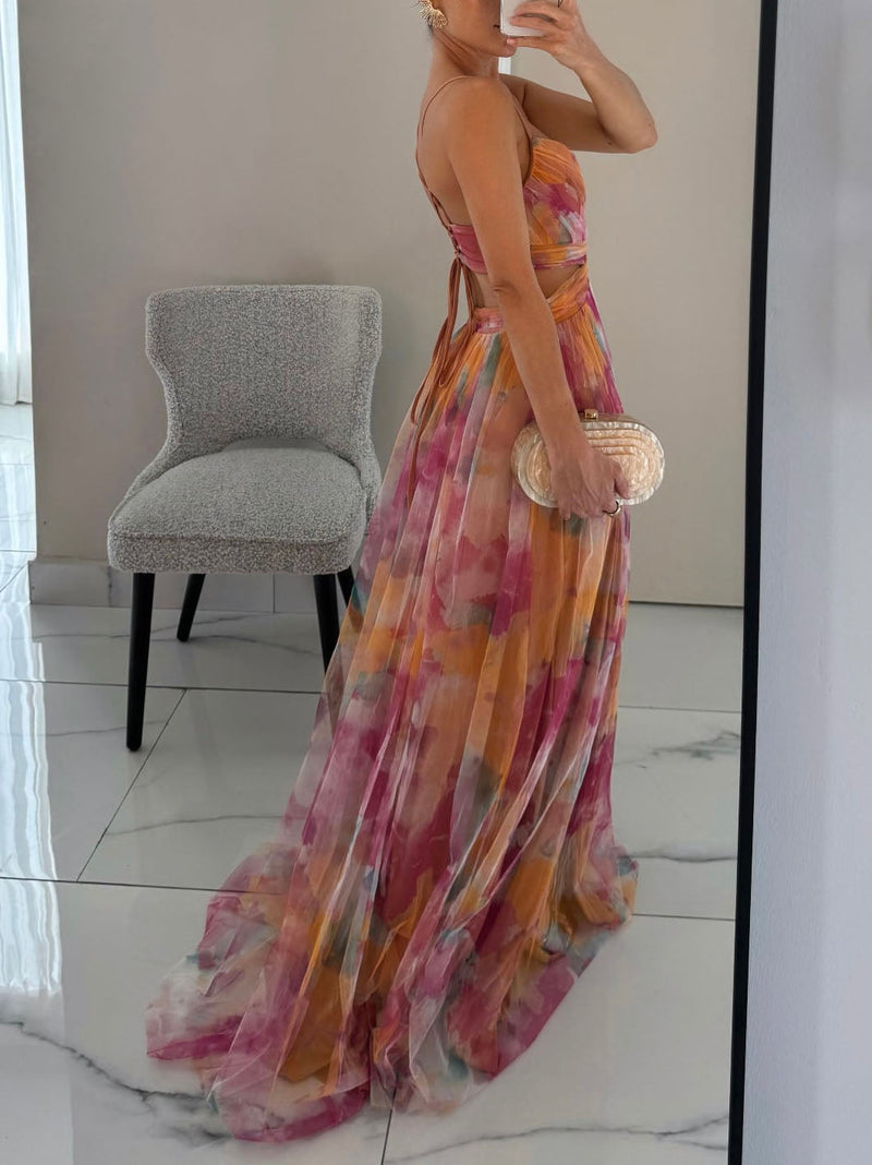 Painted Print V-neck A-line Maxi Dress