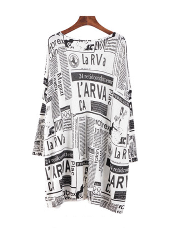 Loose One-shoulder Newspaper Printed Split-joint Sweater