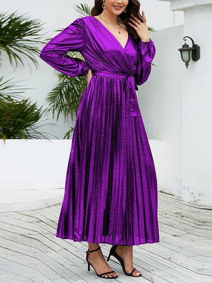 High Waisted Long Sleeves Bronzing Elasticity Pleated Color Tied Waist Deep V-neck Maxi Dresses