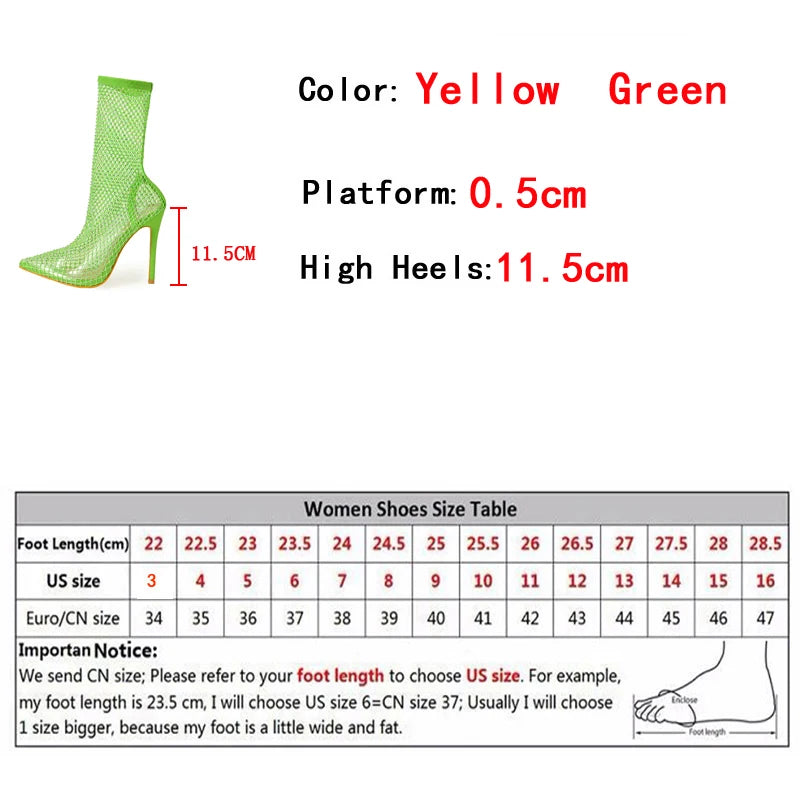 Liyke Yellow Green Mesh Ankle Boots Crystal Stretch Fabric Socks Shoes Party Nightclub Stripper Heels Pumps