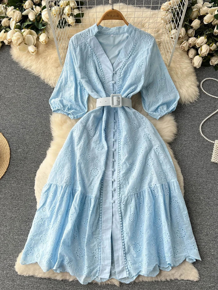 Summer V-neck Hollow Out Dress Bubble Sleeves Loose Embroidered Ruffle Edge Long Dresses Long Robe