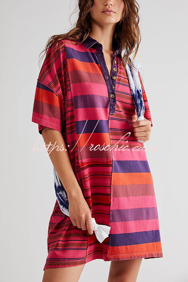 Contrast Striped Patchwork Denim Lapel Loose Mini Dress