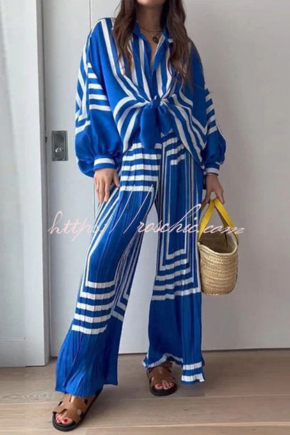 Vacation Attitude Geometric Print Oversized Shirt and Elasticated Wide Leg Pants