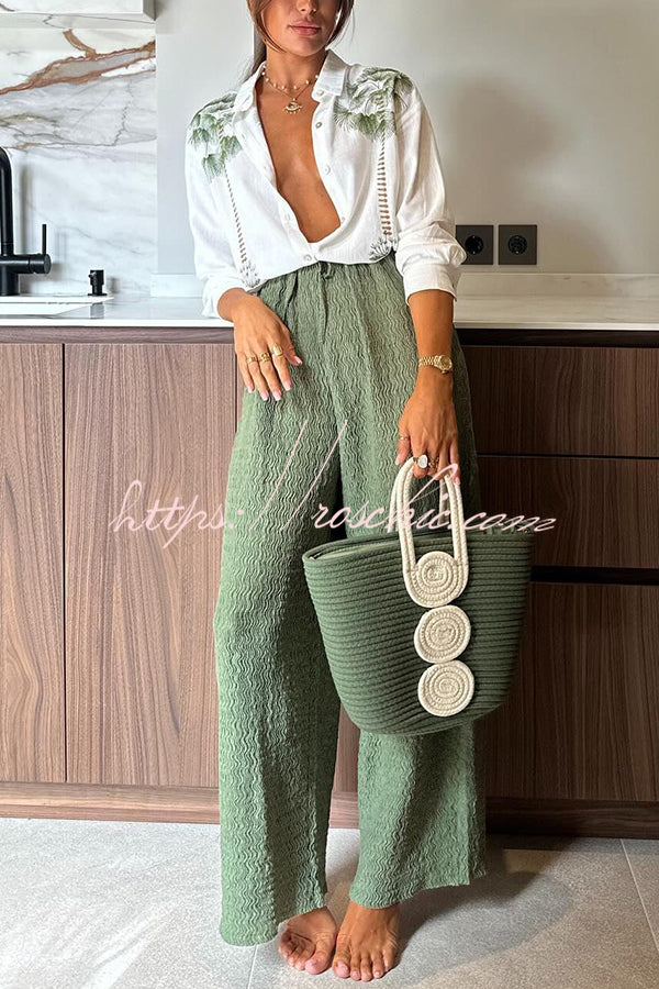 Tropical Calling Linen Blend Unique Print Loose Blouse and Elastic Waist Pocket Pants Set