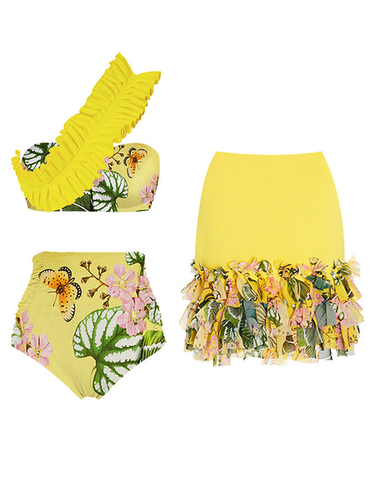 Ruffle One-shoulder Swimsuit and Skirt