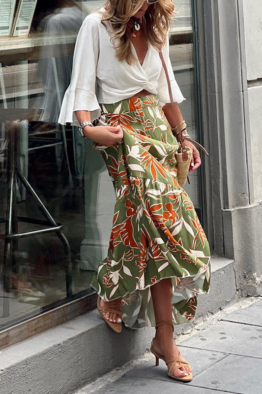 Flower and Leaf Pattern Retro Ah Pleated Skirt