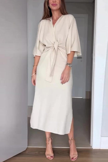 Color V-neck Half-sleeve Waist-tied Midi Dress