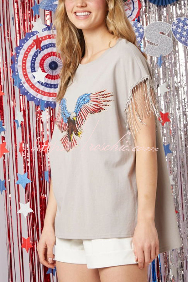 Extraordinary American Eagle Print Rhinestone Tassel Short Sleeve T-shirt