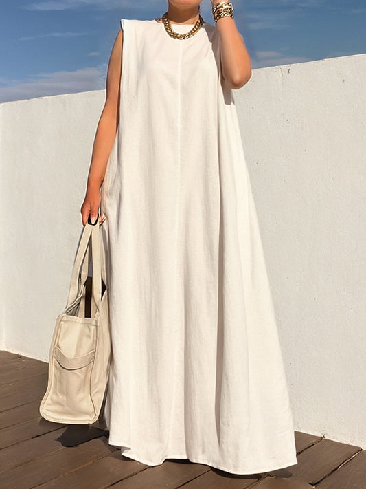 Loose Sleeveless Shoulder Pad Color Round-neck Maxi Dresses
