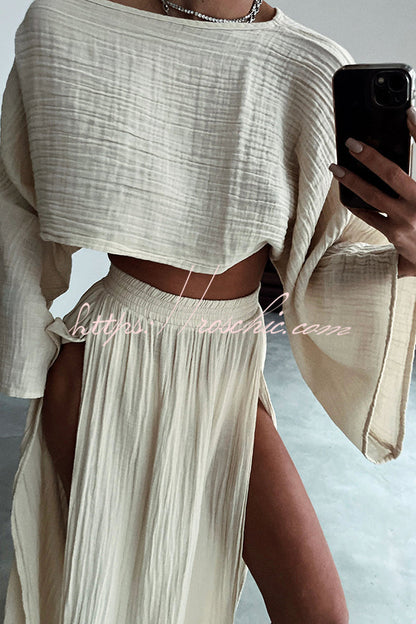 Beach Linen Blend Wide Sleeve Blouse and Elastic Waist Double Slit Skirt Set