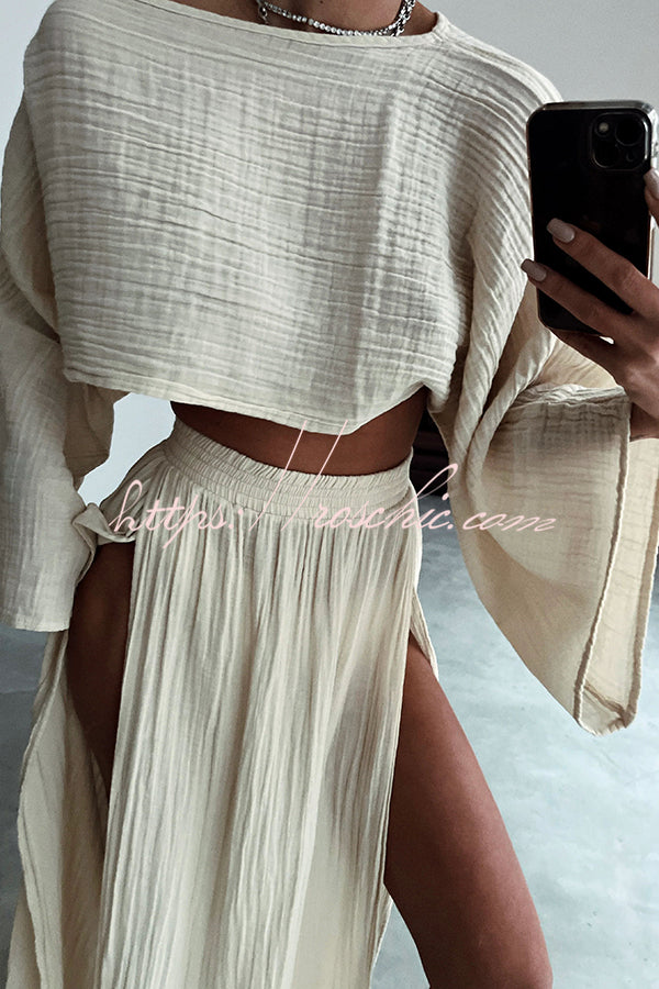 Beach Linen Blend Wide Sleeve Blouse and Elastic Waist Double Slit Skirt Set