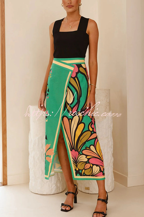 Plant Print Slit Holiday Midi Skirt