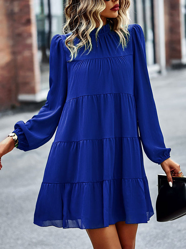 A-line Bishop Sleeve Elasticity Pleated Color Split-joint Tied Mock Neck Mini Dresses