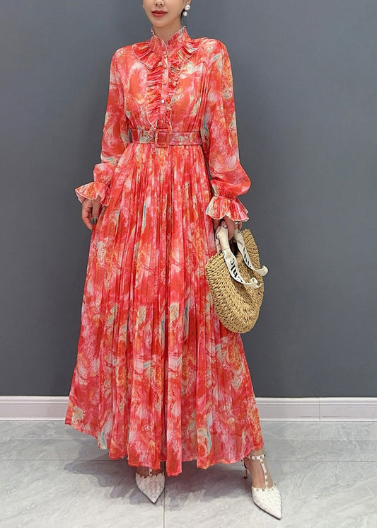 Red Stand Collar Print Sashes Chiffon Long Dress Long Sleeve Ao1035