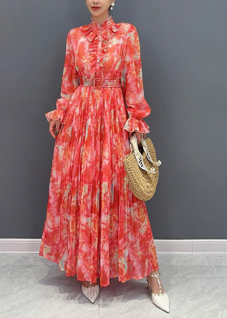 Red Stand Collar Print Sashes Chiffon Long Dress Long Sleeve Ao1035