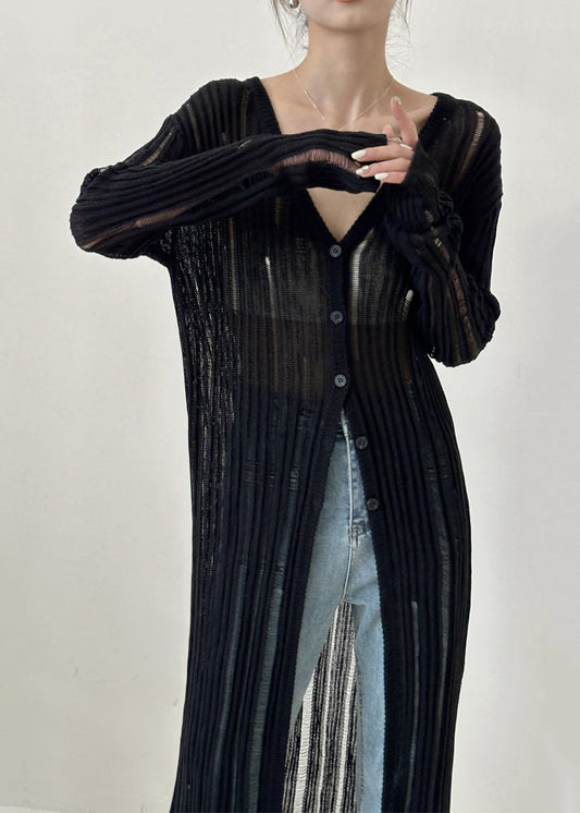 Black V Neck Hollow Out Ice Silk Knit Cardigan Fall Ry009