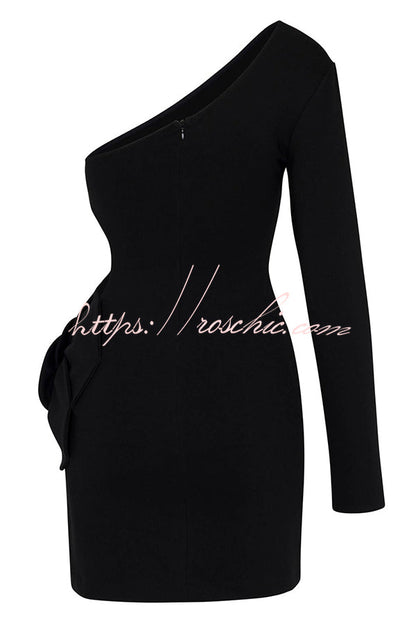 Ella 3d Flower Details Cutout Waist One Shoulder Stretch Mini Dress
