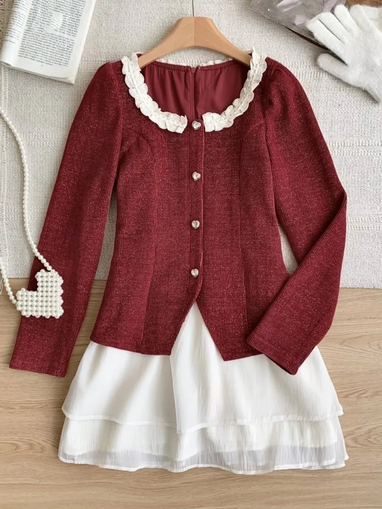French Mini Dress Square Collar Long Sleeves Layered Ruffles Patchwork A-line Autumn Spring Y2k Vestidos
