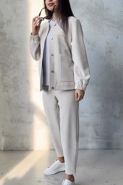 Color Loose Fit Long Sleeve Button Pocket Top and Pants Set