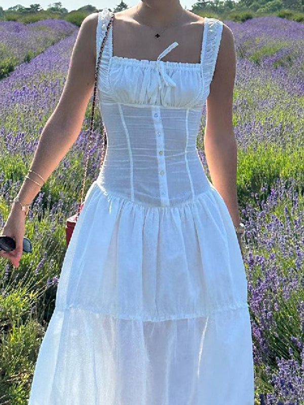 White French Pleated Layered Slim Midi Dress With Lace Up