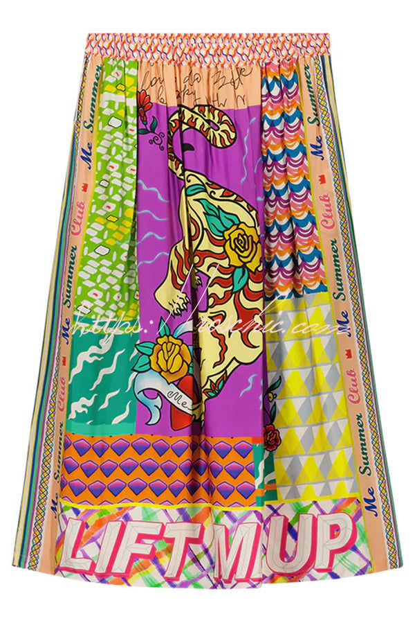 Satin Colorful Unique Print Elastic Waist Pocket Vacation Midi Skirt