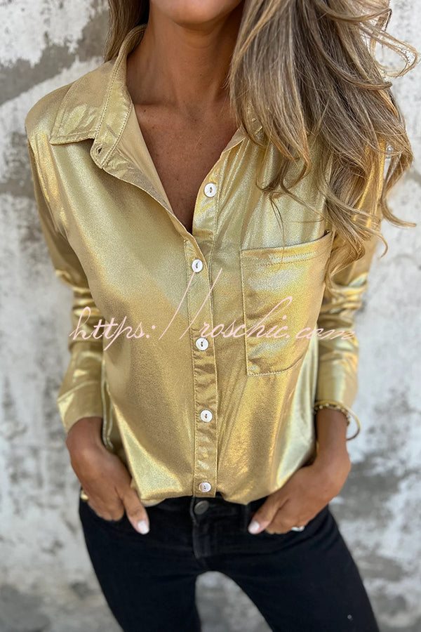 Holiday Look Metallic Loose Pocket Button-down Blouse