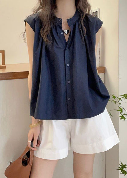 Red O Neck Button Cotton Blouses Sleeveless Qp063