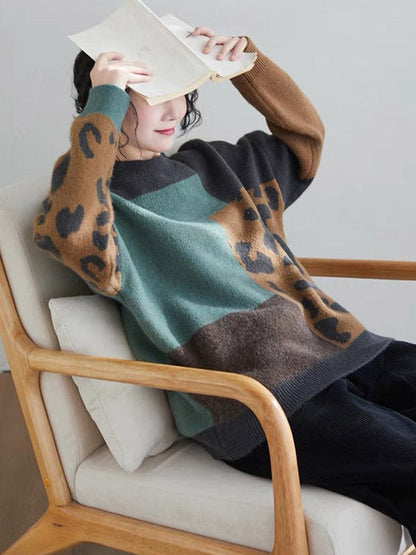 Original Brown Round-neck Contrasting Color Blocks Leopard Long Sleeve Sweater An1048
