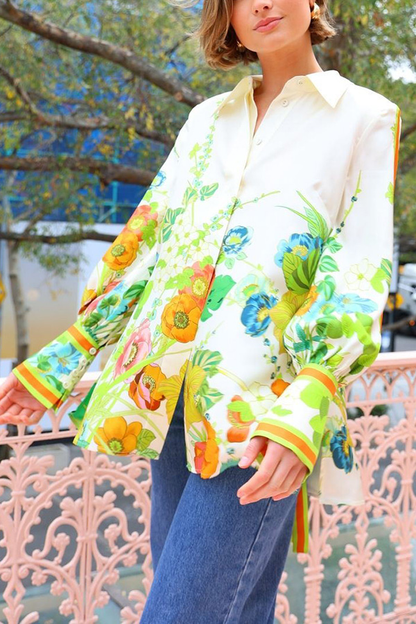Satin Print Back Tie-up Button Down Oversized Blouse