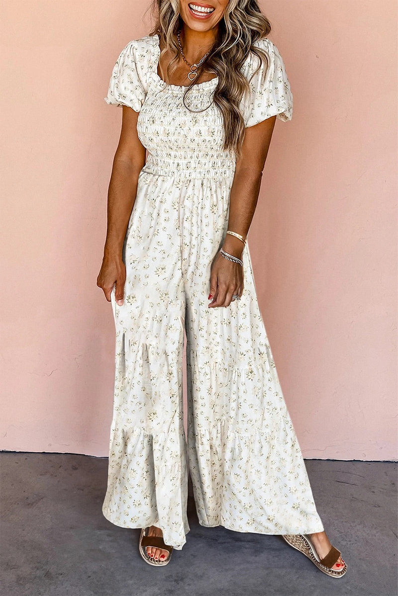 White Ditsy Smocked Puff Sleeve High Waist Jumpsuit