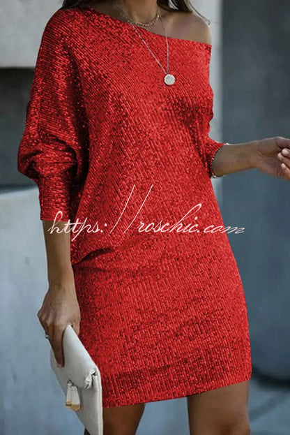 Sequined Off-shoulder Loose Mini Dress