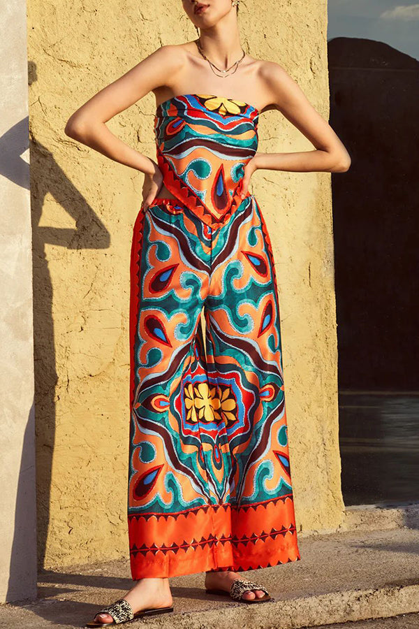 Style Unique Print Tube Top and Elastic Waist Pocket Wide Leg Pants Set