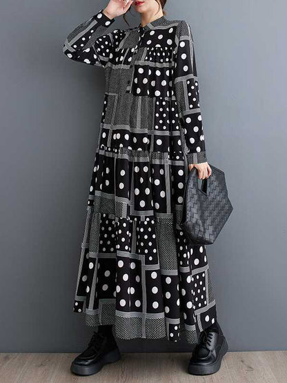 Long Sleeves Loose Buttoned Polka-dot Printed Split-joint Midi Dresses