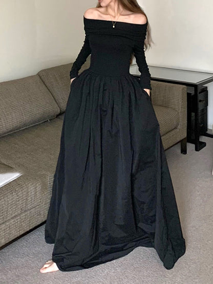 Long Sleeves Pleated Color Split-joint Off-the-shoulder Maxi Dresses