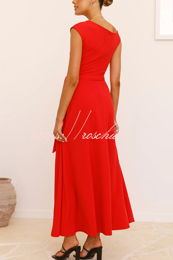 Color Sloped Collar Slim Fit Waist Lace Up Full Hem Maxi Dress
