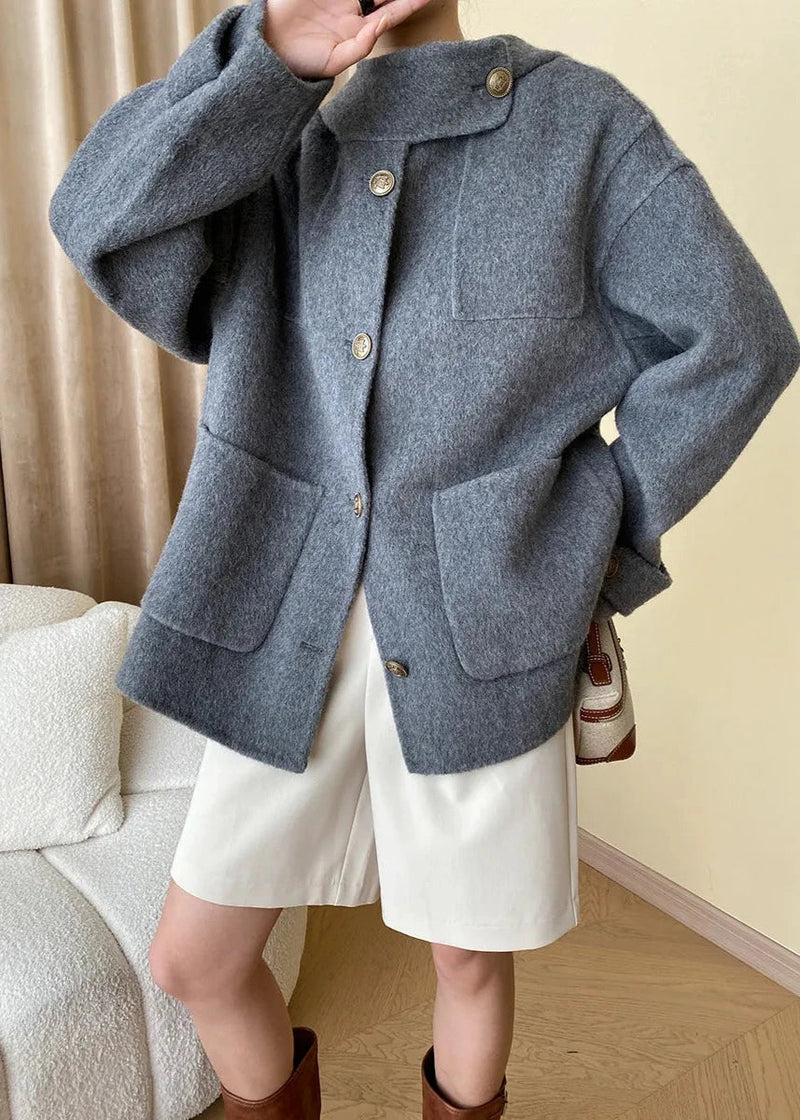 Wool-blend Buttoned Coat With Stand Collar