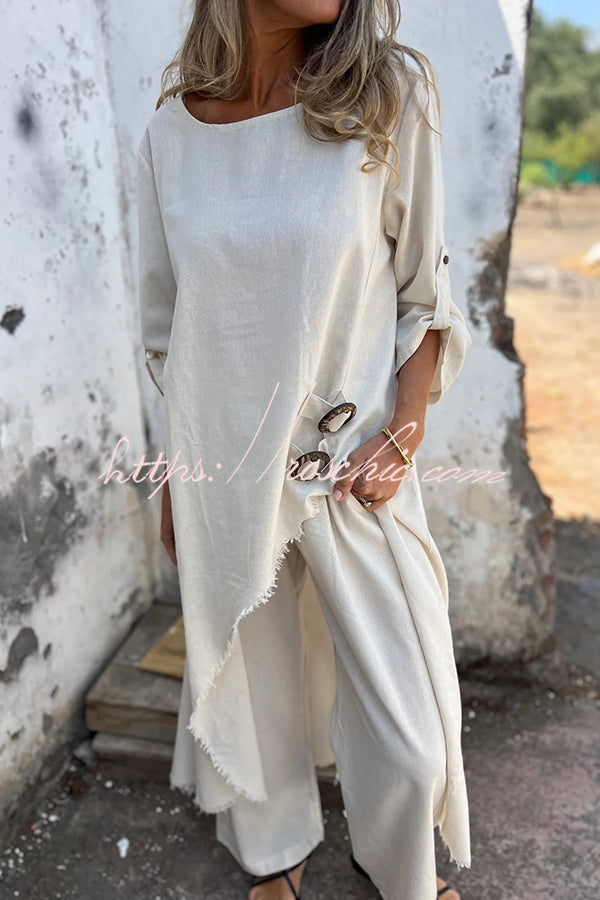 Jamilah Linen Blend Ring Detail Midi Blouse and Elastic Waist Pocketed Loose Pants Set