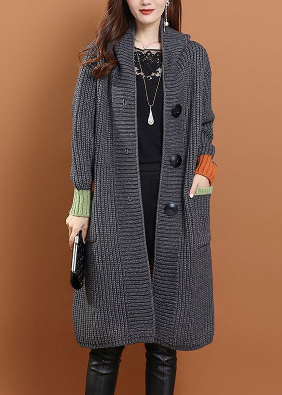 Handmade Grey Pockets Button Cotton Knit Long Hooded Cardigans Winter Wd027