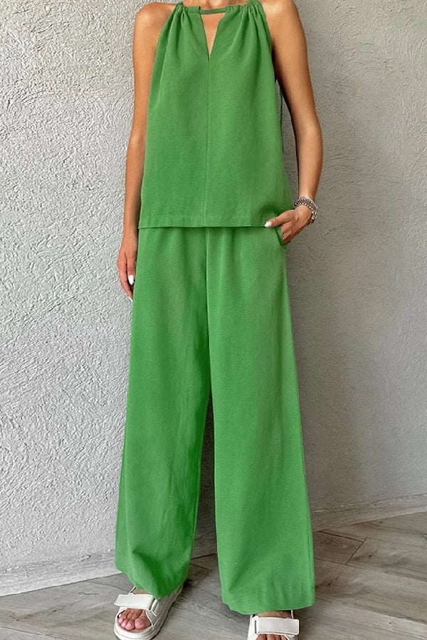 Cotton and Linen Cut-out Lace-up Vest \u0026 Wide-leg Pants Two-piece Set