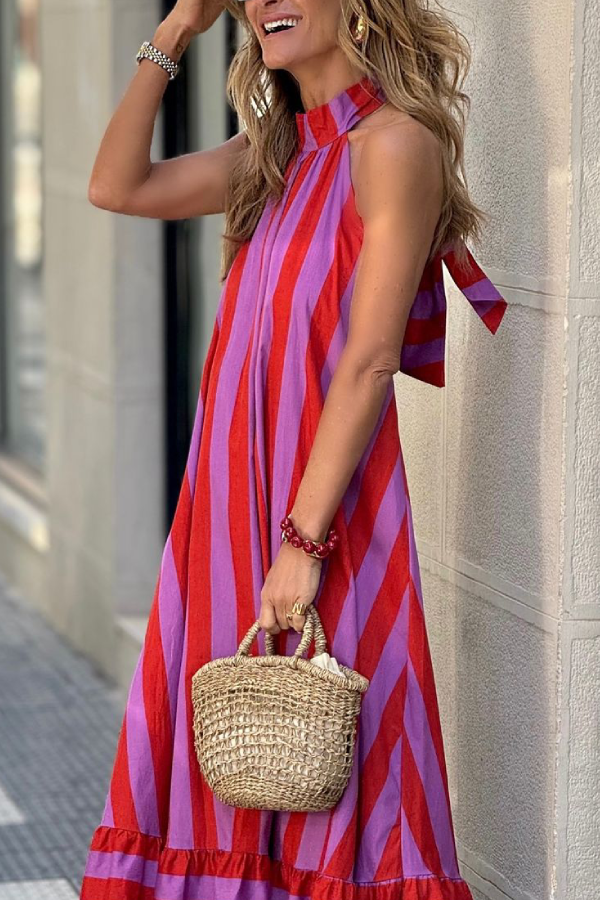 Red Striped Loose Backless Long Dress