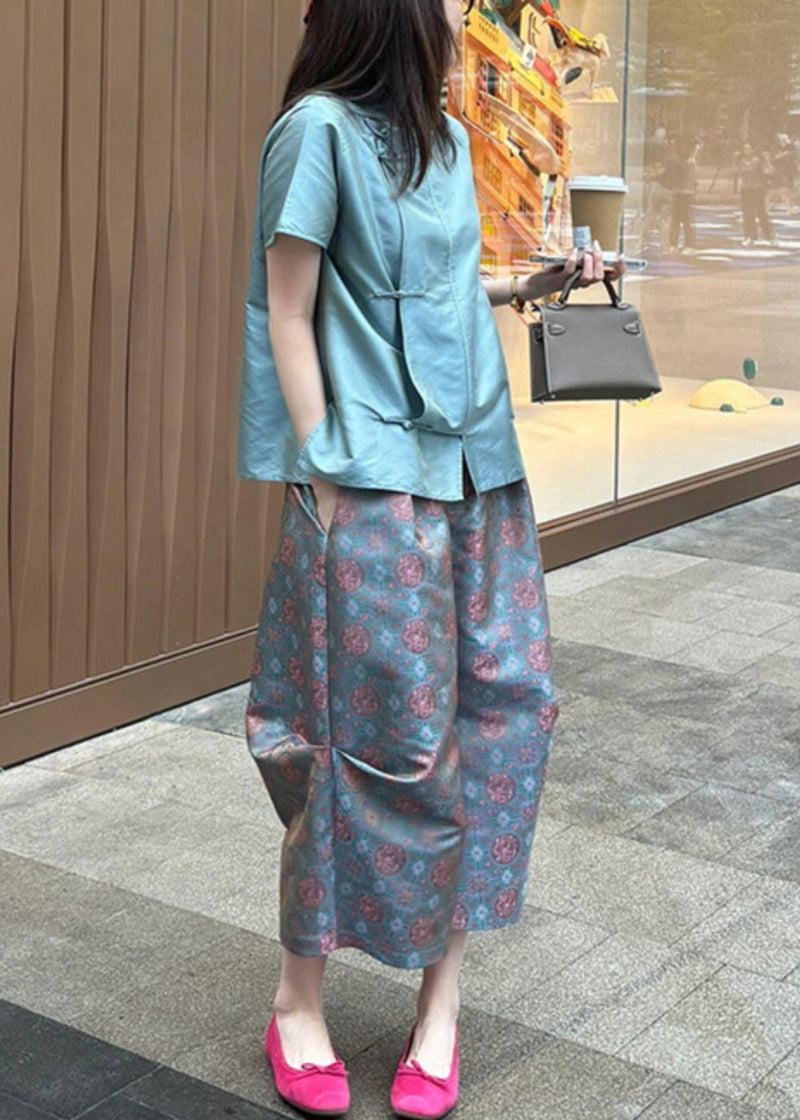New Blue Button Shirt and Crop Pants Two-piece Set Summer Qt031