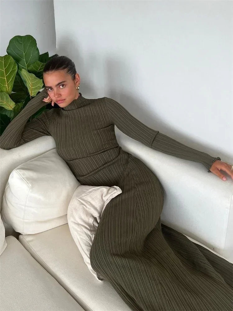 Autumn Ruffled Knitwear Long Dress Female Long Sleeve Loose Ribbed High Waist Maxi Dress Knit Dress