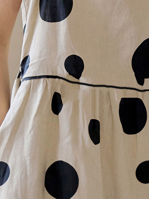 Loose Sleeveless Contrast Color Pleated Polka-dot Split-joint Tied Waist Round-neck Midi Dresses