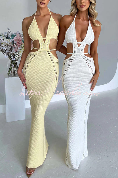 Effortlessly Cool and Knit Crochet Cutout Halter Tie-up Stretch Maxi Dress