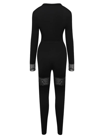 Crop Top See Through Sequined Pants Set Long Sleeve Two-pieces Autumn Round Neck Crop Top Pant