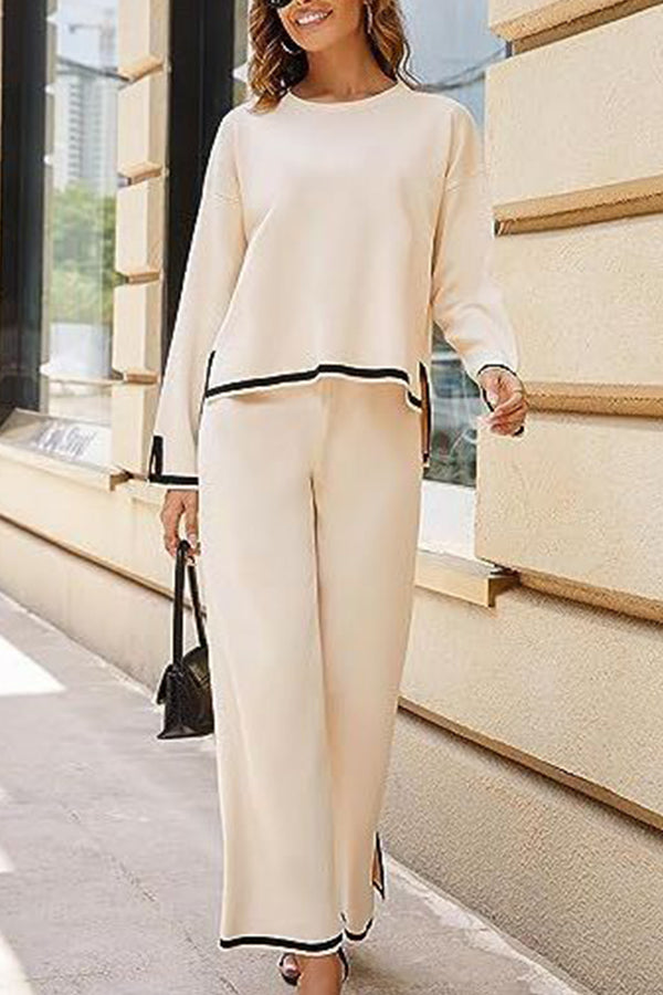 Lounge or Wear Knit Patchwork Color Block Short Sleeve Top and Elastic Wide Leg Pants