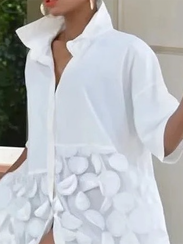Half Sleeves Loose Applique Color Split-joint Lapel Collar Midi Dresses
