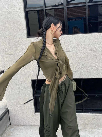 Long Flare Sleeve Blouses for Lace-up Mesh Sweet Hot Korean Style All-match Design