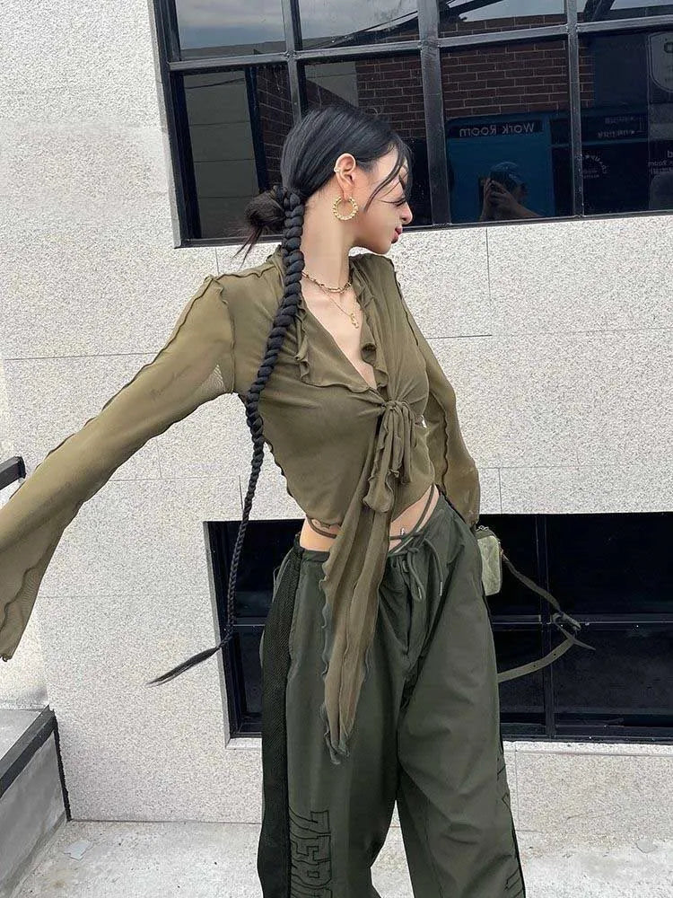 Long Flare Sleeve Blouses for Lace-up Mesh Sweet Hot Korean Style All-match Design