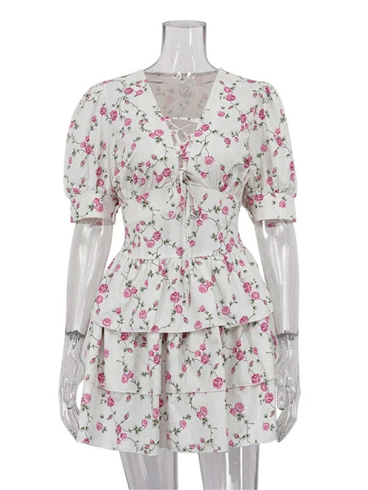 V-neck Printed Bandage Mini Dress for Short Sleeve Slim Summer High Waist Lace-up Dress Party Dress New